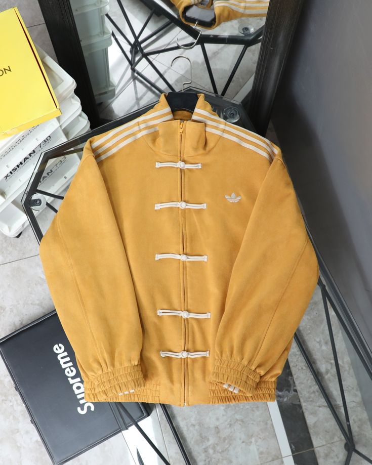 Vintage Chinese Frog Button Track CNY yellow Jacket – Retro Mustard Yellow Streetwear.