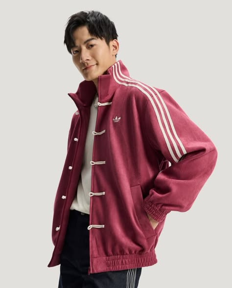 Retro Chinese Knot Track CNY maroon  Jacket – Vintage Streetwear Zip-Up in Burgundy Red.