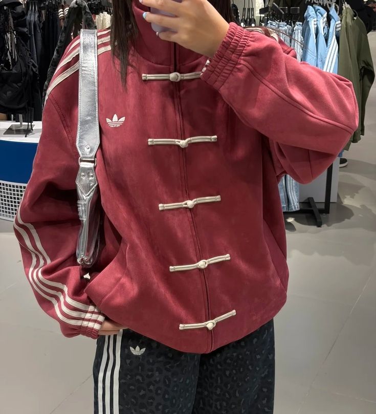 Adidas Chinese Knot Velvet Track Jacket – maroon Retro Streetwear Zip-Up