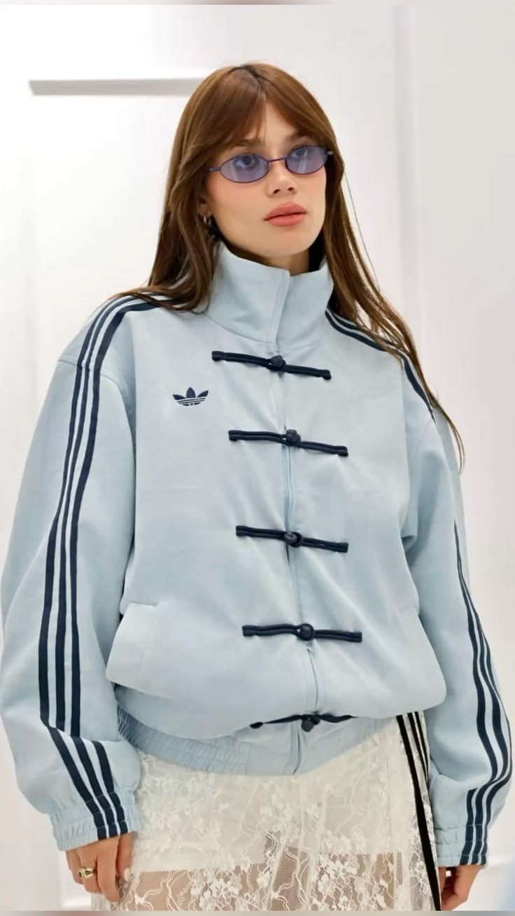 Aqua Blue CNY Mandarin Collar Frog Button Oversized Track Jacket – VANZI