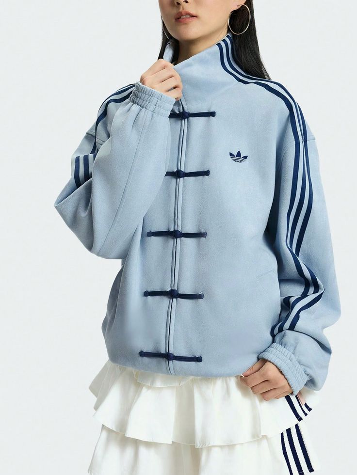 Aqua Blue CNY Mandarin Collar Frog Button Oversized Track Jacket – VANZI