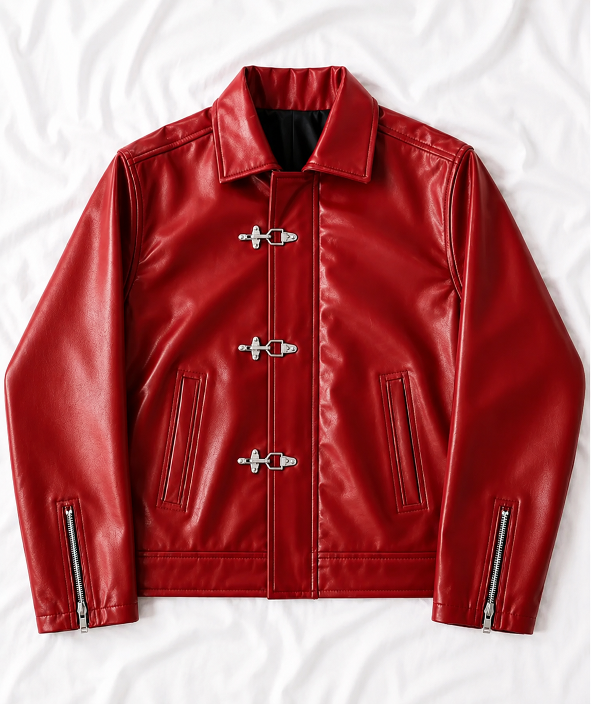 VANZI Fireman Metal Clasp Faux Leather Jacket – Red Boxy Fit