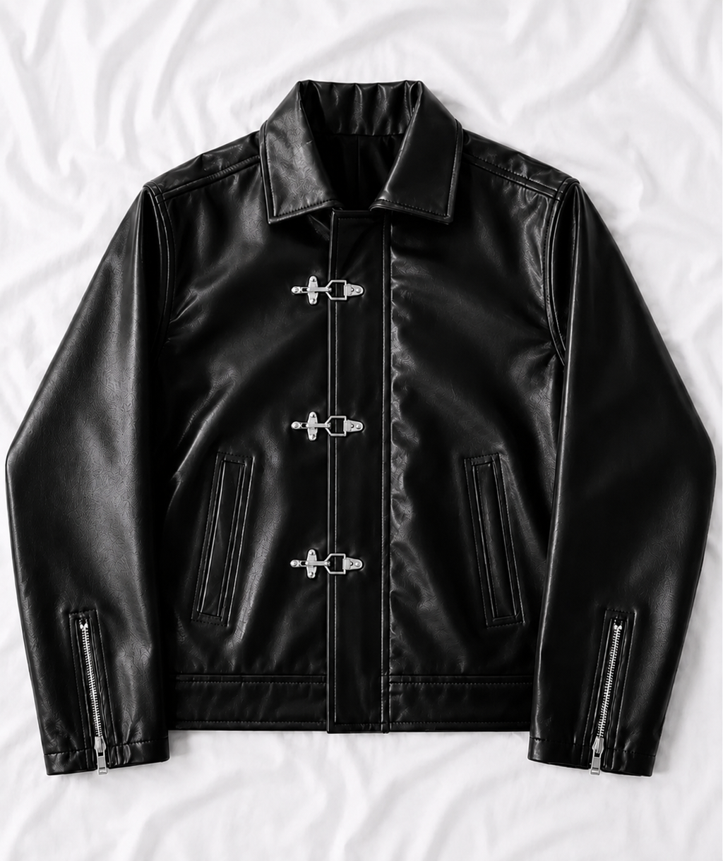VANZI Fireman Metal Clasp Faux Leather Jacket – Black Boxy Fit