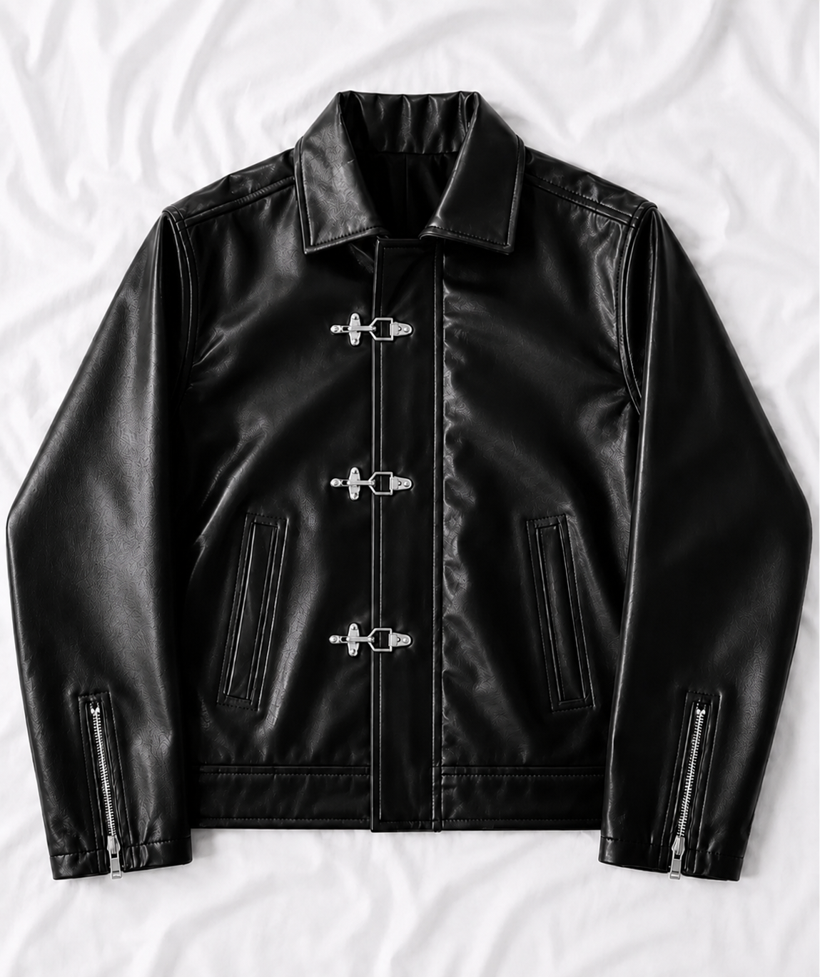VANZI Fireman Metal Clasp Faux Leather Jacket – Black Boxy Fit