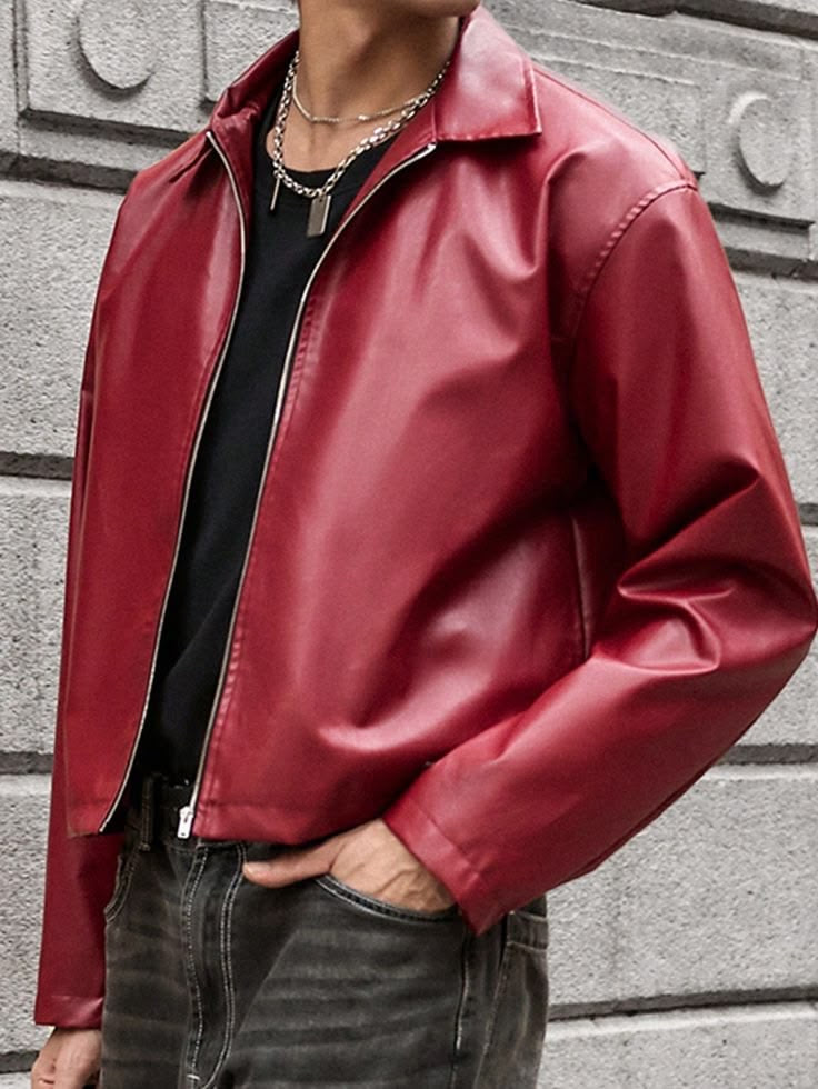 Cherry Red Cropped Leather Jacket for Men & Women