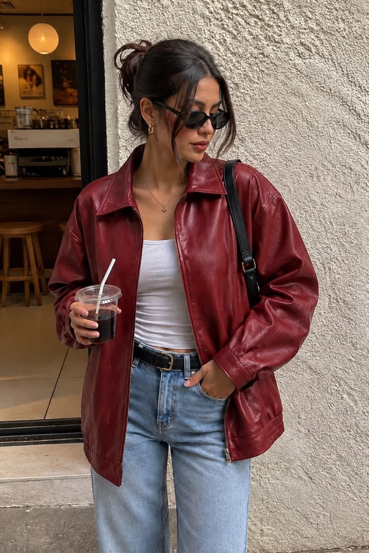 Cherry Red Cropped Leather Jacket for Men & Women