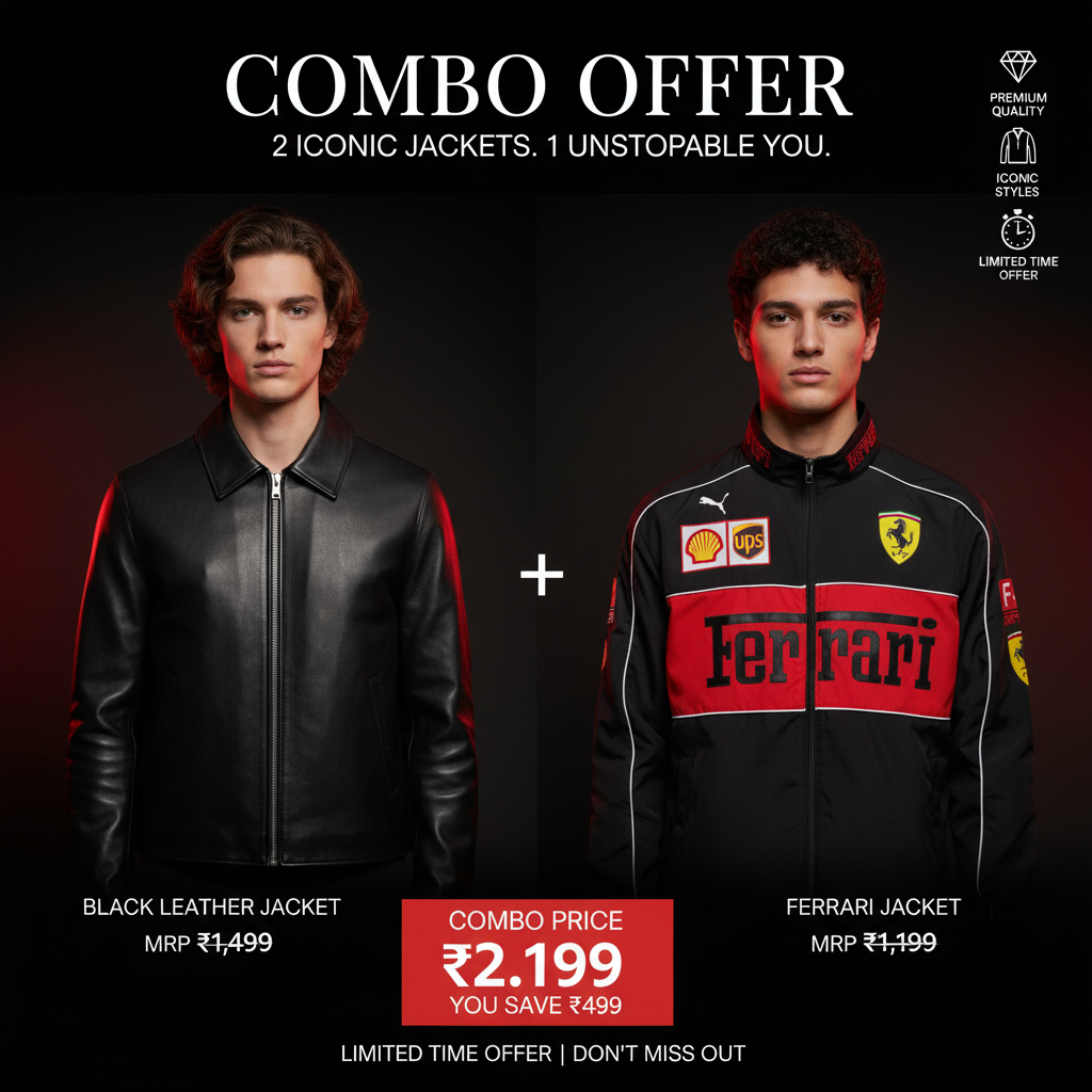 VANZI Combo Pack – Premium Black Leather Jacket + Racing Style Jacket for Men