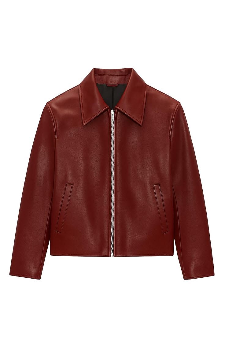 Cherry Red Cropped Leather Jacket for Men & Women