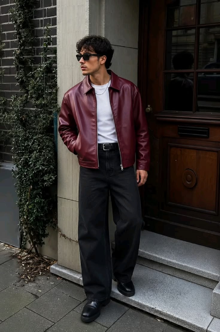Cherry Red Cropped Leather Jacket for Men & Women