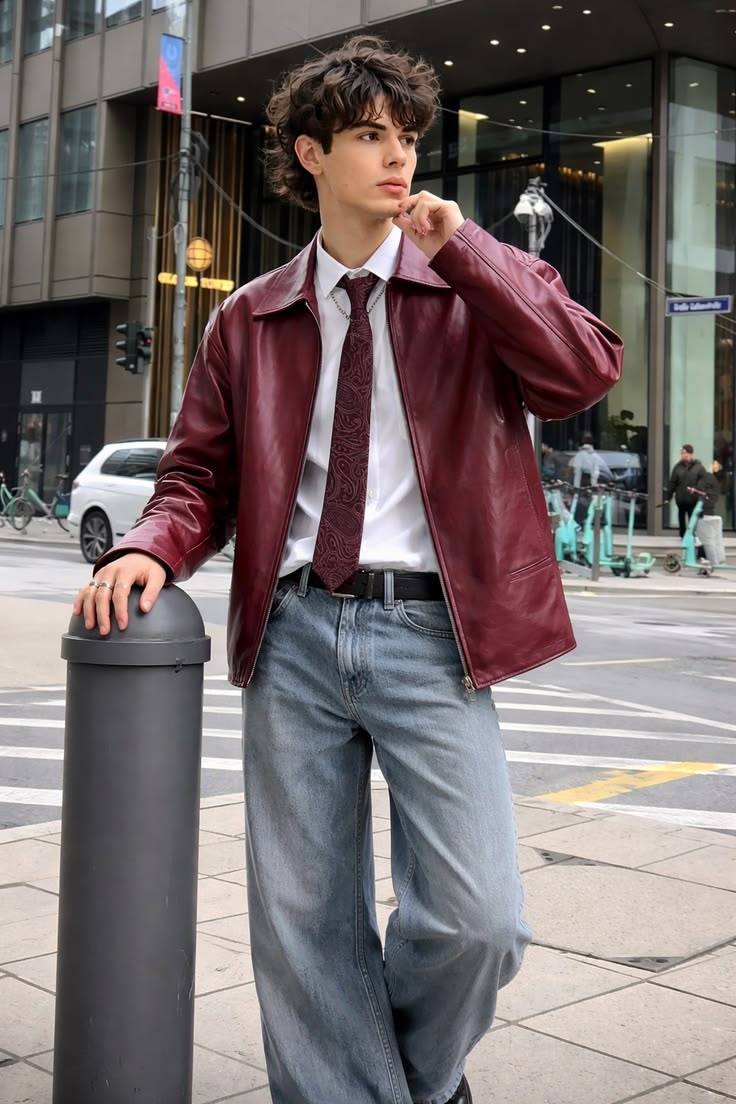 Cherry Red Cropped Leather Jacket for Men & Women